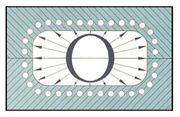 Blasform im Querschnitt mit Vorformling Blasform im Querschnitt